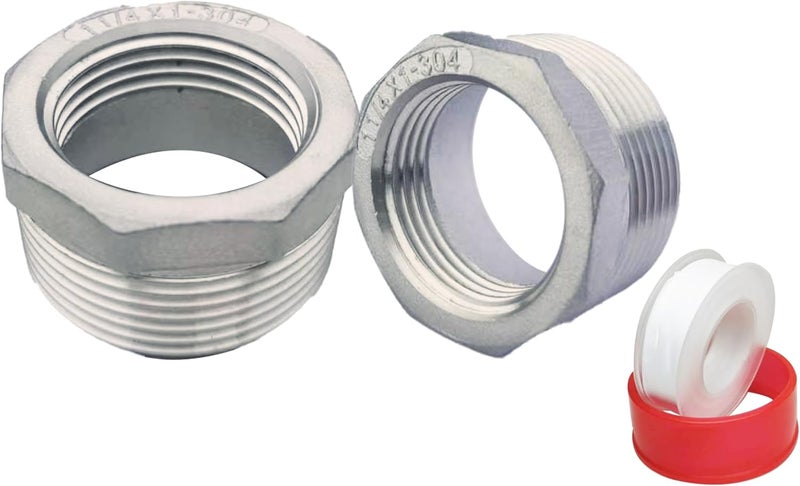 POTONZ 1-1/4" Male to 1" Female NPT Threaded Reducer Hex Bushing 304 Stainless Steel Reducing Adapter Pipe Fitting With Teflon Plumbers Tape(Pack of 2) - Image 1